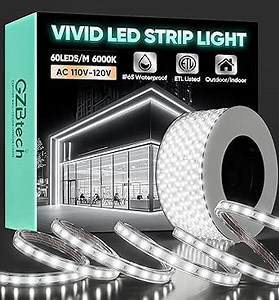 Amazon.com: GZBtech AC 110-120V LED Strip Lighting 66FT/20M, 6000K Cool White IP65 Waterproof Outdoor Strip Lights, 60LEDs/M SMD2835 Cuttable & Connectable LED Rope Light for Indoor Bedroom Outside Exterior : Home & Kitchen