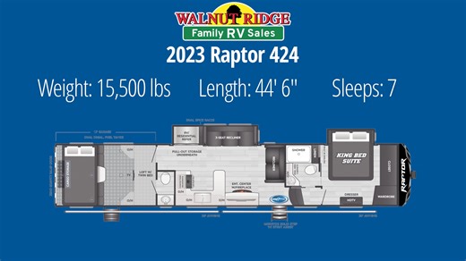 The Raptor 424 has plenty of sleeping space, ample storage, modern style, and a BLOWOUT price! This toy hauler is now only $89,999 勞 Come check it out in our warm and dry showroom! #camp #rvlife #ToyHauler | Walnut Ridge RV | Facebook
