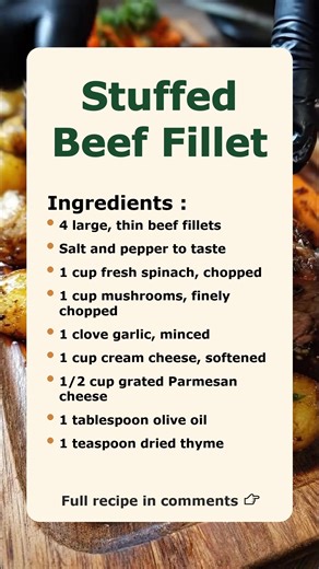 Stuffed Beef Fillet Ingredients : 4 large, thin beef fillets, salt and pepper to taste RECIPE IN FIRST COMMENT 👇👇 #StuffedBeef #CulinaryDelight #GourmetCooking #BeefLovers #HomemadeDish | Trend Rush