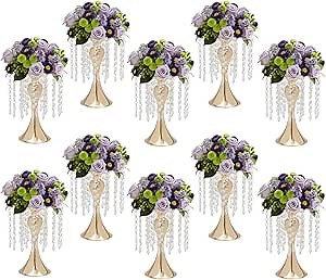 Set of 10 Crystal Flower Stand Metal Wedding Centerpieces with Crystal Beads, Floral Arrangement Stand Tables Decorative Flower Vase for Wedding Party Reception Center Decor (Small, Gold)