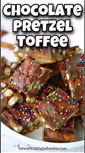 4.8K views · 12 reactions | You’re Family’s gonna love this Chocolate Pretzel Toffee Recipe. With a crunchy, salty pretzel layer covered in an easy homemade caramel and topped off with milk chocolate and colourful sprinkles. | Officially Gluten Free | Facebook