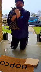 AMAZON DRIVER STEALS CAT FROM PORCH - YORKSHIRE Ring doorbell footage shows a quiet residential street in Yorkshire as an Amazon delivery van pulls up outside a home. A delivery man steps out holding a package and walks to the front door. He places the parcel down and turns to leave when a cat walks into frame near his feet. The driver pauses, looks down, and briefly acknowledges the animal. Seconds later, he glances along the street, then unexpectedly picks the cat up in his arms and walks back