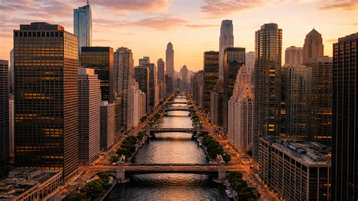 Chicago from above at sunset