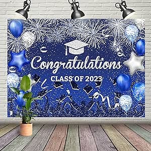 7x5ft Graduation Backdrop Congratulations Graduates Blue Background Class of 2023 Classmates Balloon Caps Prom Photography for Senior Year Graduation Fireworks Party Decoration Banner Supplies