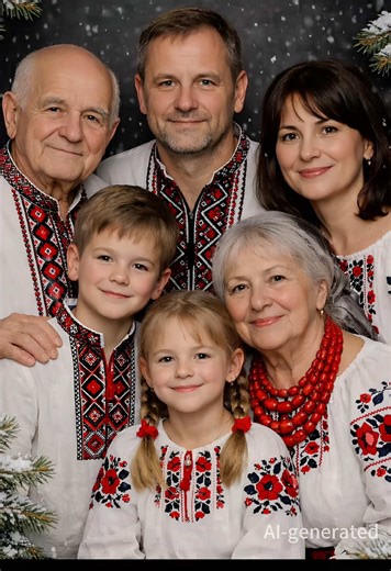 How to make a family photo of Ukraine in winter, How to use AI to create winter family photos in Ukraine, A group photo of a Ukrainian winter family, with the heart of Ukraine hidden in hand embroidered red and black vyshyvanka patterns 💓 A berry wreath covered in white snow, a coral necklace to keep warm on cold skin, and the warmth of traditional clothing wrapped in gentle lingerie. This is a handmade embroidery pattern of the romantic red and black vyshyvanka rooted in people's souls, depict