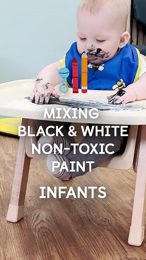 We are getting a little messy and mixing things up in our infant classrooms to learn about contrasting colors, like black and white. Strengthening their fine motor skills by holding a sponge, these little artists are diving into a sensory experience that engages their sight, smell, and touch as they put paint on the paper. It’s a sensory wonderland! This activity also boosts their little curious minds and helps their cognitive development. To try this at home, tape a piece of paper to the table,