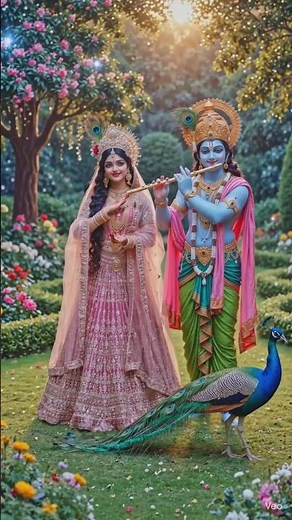 Divine Radha Krishna HD Image | Beautiful Vrindavan Garden Scene | Krishna Flute Wallpaper
