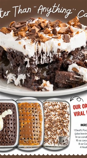 Better Than Anything Cake Ingredients 1 box Devil’s Food chocolate cake mix (plus eggs, oil, and water called for on the box) 14 oz sweetened condensed milk 16 oz caramel sauce (ice cream topping style) 8 oz Cool Whip, thawed 4 Heath bars, crushed (or toffee bits) Instructions Bake the cake Prepare and bake the cake in a 9×13-inch pan according to package directions. Let cool for about 5–10 minutes. Poke holes Use the handle of a wooden spoon to poke holes all over the warm cake. Pour the goodne