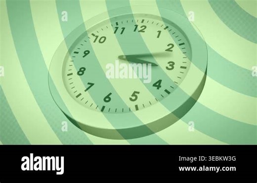 Initial offset causing clock hands rotating, moving and blurring while stripe sweeping showing time. Timepiece, animation, overhead, monochrome, green, motionblur, pattern Stock Video Footage - Alamy