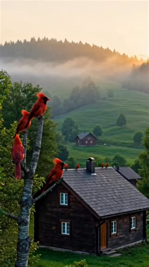 A peaceful mountain village morning with red cardinal birds singing on wooden houses and trees, #kingdombird #beautifulcardinal #cardinallovers #cardinalsfan #foryoupageシforyou #2026challenge #magiccardinal #10kfollowers #10millionviews #birdkingdom | Bird Kingdom