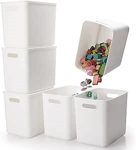 Honeydak 6 Pcs White Plastic Storage Bins with Lids 11.81" x 8.07" x 9.84" Plastic Storage Baskets Boxes Stackable Containers with Lids Organizer Bins for Shelves Drawer Playroom