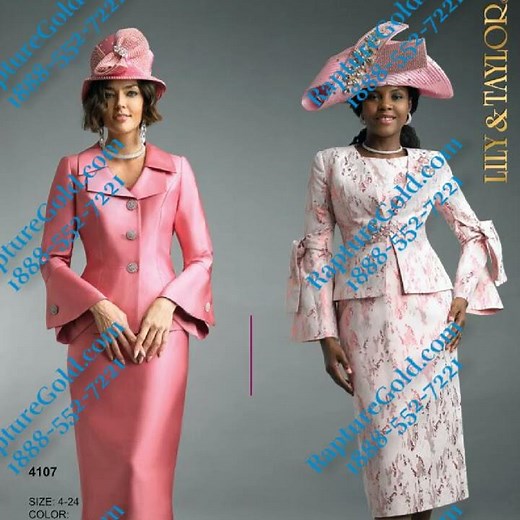 Lily and Taylor, www.Rapturegold.com Women's Church Suits, First ladies Hats, Dresses.