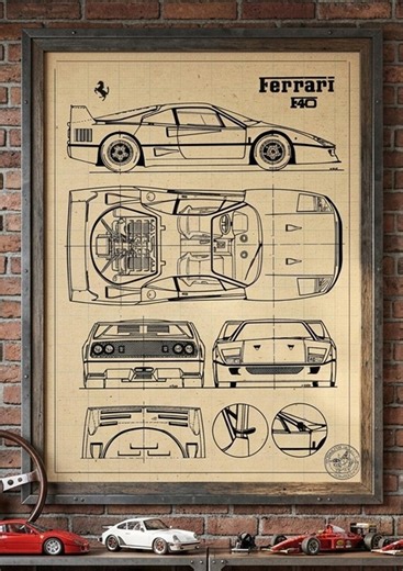 Ferrari F40 Blueprint Poster, Retro Italian Supercar Technical Art (digital Download) - Etsy