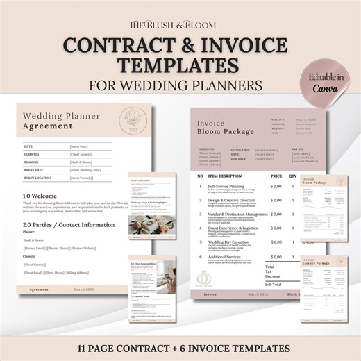 Wedding Planner Contract/agreement & Invoice Templates | Romantic Client Agreement   Invoice Canva Templates - Etsy