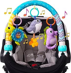 BATOHO Baby Stroller Arch Toy, Clip On Arch Mobile for Bassinet with Universal Clamps, Activity Toy Bar for Bouncer Musical Crib Mobile Toys for Infants Car Seat Toys Rattle Turtle Music Whale