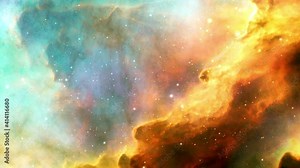 The Omega or Swan nebula exploration on deep space. 4K Flight Into the Swan Nebula 3D animation. Traveling through star fields and galaxies space in outer space. Elements furnished by NASA image.