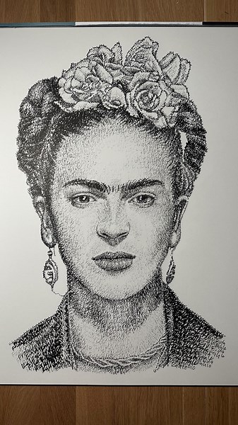 Jayce Hall on Instagram: "Frida ♥️ An idea that I am surprised that I haven’t explored before is drawing portraits of other famous artists! I wanted to start with one that has continually stood out to me over the years. I can never put my finger on it, but there is something about her work that always captivates me. Who do you think I should draw next? #artist #fridakahlo #frida #wordart #micrography #wordmosaic #portrait #portraitartist #detail #penandink #blackandwhite #mexico"
