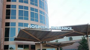 Hospital Entrance with Signage. Emergency Sign at Hospital in USA. Emergency Room and Medical Care Building. Hospital, Medical Center, Emergency Room.