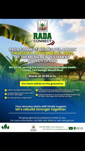 RADA Connect is heading to St. Ann this Thursday, November 27, to support farmers in Douglas Castle, Cowley, Fort George, and Mason River. Our team will be on the ground from 10 a.m. providing assessments, guidance, and recovery support. Together, we’ll rebuild stronger. #newfaceoffood #rada #radaconnect #hurricanemelissarecovery | Rural Agricultural Development Authority (RADA)