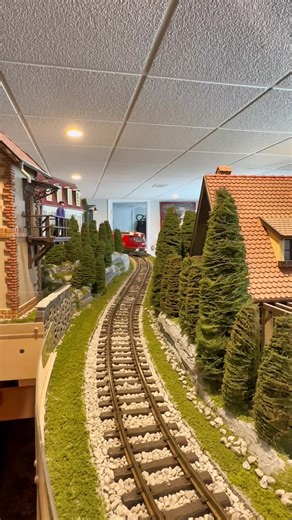 LGB RhB freight train rolling down the mountain and through town. #modeltrains #gscalelocomotive #gscalelayout #gscaletrains #modelrailway