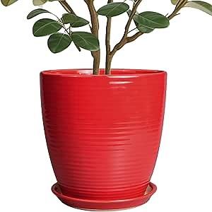 Ceramic Planter 10 Inch - Ceramic Pot for Plants Large Plant Pot Indoor with Drainage Hole and Saucer Round Outdoor Planter Modern Flower Pot for Garden House Red
