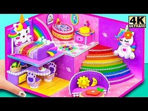 Cardboard DIY for Cute Purple Unicorn House with Bedroom, Rainbow Stairs 🌈 DIY Miniature House
