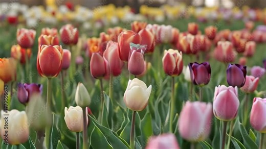 A highly realistic time-lapse video of the life cycle of a tulip garden, from soil to full bloom.