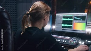 Female sound engineer uses control mixing surface. Computer screen showing DAW software interface for creating music. Singer records song in soundproof room. Sound recording studio. Generative AI