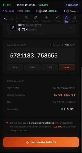 $SYFR BUYBACK & BURN COMPLETE 🔥🔥Executed using the new SyfrDEX burn function.5,721,183 $SYFR$29,803 removed from supplyPermanently. Gone forever. No recovery. The first major burn milestone of many. 🚀Buyback Wallet Address: 9CzUo2yY2zXH5eEbk6xbeadvRaVidAFnicfTEoZBBACKTX Hash:
