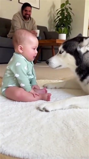 The baby babbled as if complaining, the husky seemed to reply, "I don't know the solution!" 🤣 #funny
