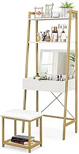 KOTEK Vanity Set with Mirror, Ladder Dressing Table with Cushioned Stool & Flip-Top Mirror, 4 Storage Compartments, Open Shelves, Makeup Vanity Desk for Small Space Bedroom (White + Gold)