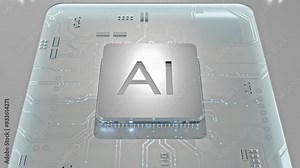 CPU connection with motherboard. AI accelerated microchip connecting with white PCB. Chip activates circuit board. Semiconductor metle surface. Technology and cpu processing concept, 3D Render.
