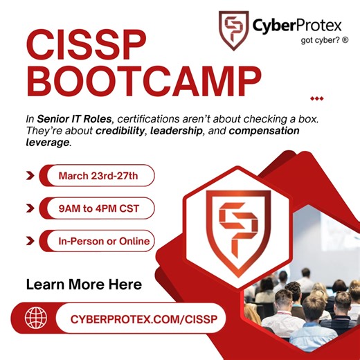 Advance your cybersecurity career with CyberProtex’s CISSP Bootcamp. Expert-led training designed to help you prepare for certification with confidence. Limited seats available. #CyberJobs #Certification #CyberCertification #Cybersecurity #CISSP | CyberProtex, LLC