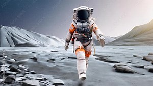 Astronaut in a spacesuit walking on an alien planet, rocky terrain underfoot, with distant mountains and a vast sky.