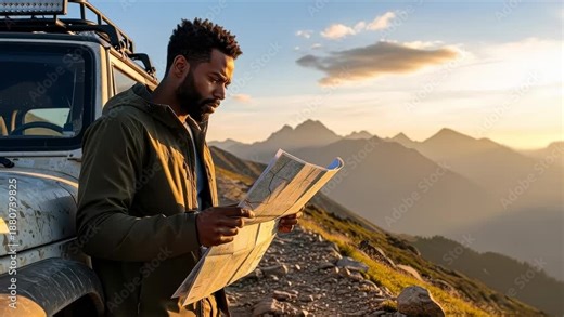 Man reads a map near his vehicle on a mountain road during sunset in a remote area
