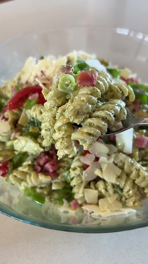 Creamy Pesto Pasta Salad Recipe with Bacon & Parmesan