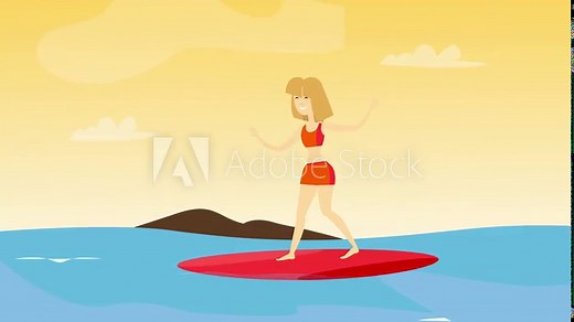 Cartoon surf girl with surfboard riding a wave in 4k video.