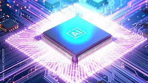 Advanced microprocessor connects to motherboard and activates glowing ai system