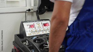 Auto mechanic calibrates tire on wheel balancing machine, ensures proper mass distribution for smooth ride. Auto shop, precision, maintenance, car care invest, safety optimize, garage work scene.