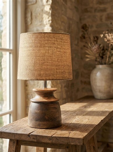 Chunky Wood Table Lamp, Burlap Shade, Modern Farmhouse Bedside Light, Cottagecore Decor - Etsy