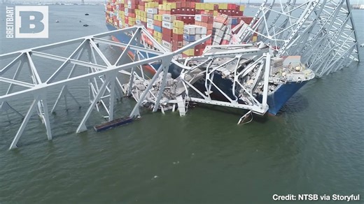 16K views · 267 reactions | Devastating: drone footage released by the National Transportation Safety Board shows the aftermath of a barge's crash into the Francis Scott Key Bridge in Baltimore in the early hours of Tuesday. Officials announced that they had suspended search efforts for six workers who were missing Tuesday night, concluding that they would not have been able to survive in the water's conditions. | Breitbart | Facebook
