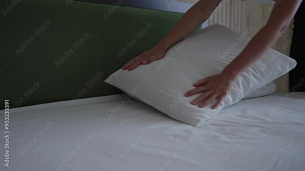 The maid in the hotel changes the bed linen and puts the pillows on the bed. Cleaning service in hotel chains.