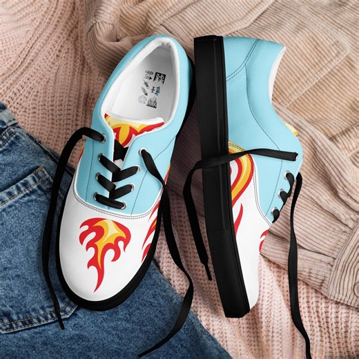 Women’s Light Blue Canvas Flame Sneakers | White Lace up Low Top Shoes | Fire Graphic Streetwear Skate Shoes | Blue Flame Print Footwear - Etsy
