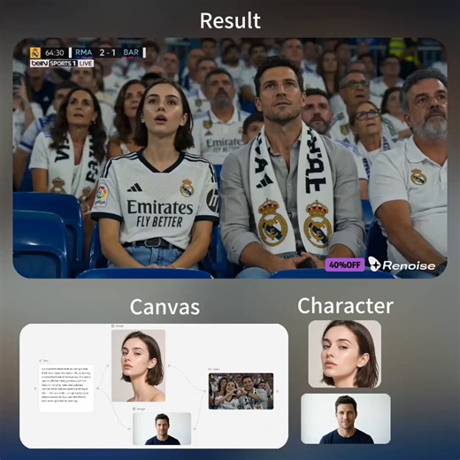 you can now keep one character consistent across scenes without re-rolling it 40 timesRenoise canvas just launched. here's what's actually in it:> FacePass keeps your character looking like the same person scene to scene> GPT Image 2, Seedance 2.0, and HappyHorse all run in one flow> every generation lands on the canvas, so nothing disappears on yougeneration, references, iteration, same workspace40% off + review posts get 3000 credits ↓