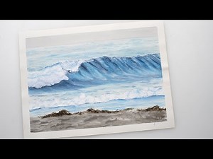 Watercolor sea wave crushing on beach painting - step by step demonstration