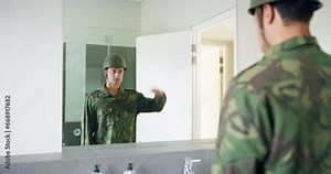 Soldier in bathroom in with mirror, hemet and uniform in camouflage getting ready for bootcamp. Army barracks restroom, battle and military man looking at reflection with courage, loyalty and service
