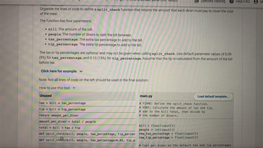 Organize the lines of code to define a split_check function tha... | Filo
