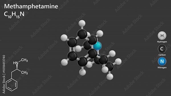 Molecule of Methamphetamine (C10H15N), is a powerful central nervous system stimulant. It appears as a white, odorless crystalline powder or as clear crystals called "ice". Gray back. 3d render
