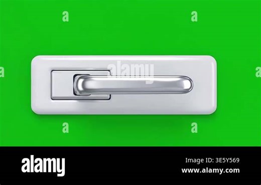 A close-up shot of a modern white door handle mechanism that opens and closes smoothly against a vibrant green screen background Stock Video Footage - Alamy