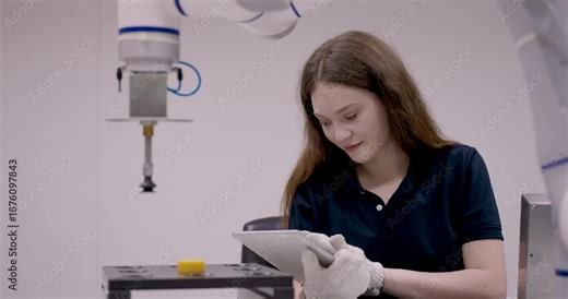 young female trainee uses tablet to control robotic arm during factory automation session in smart engineering lab focused on calibration precision testing and robotics programming education module